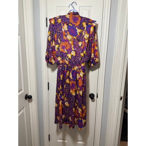 Vintage 80s Mystic Dress M – Bold Floral Pleated Midi w/ Shoulder Pads Belted - Picture 4 of 9
